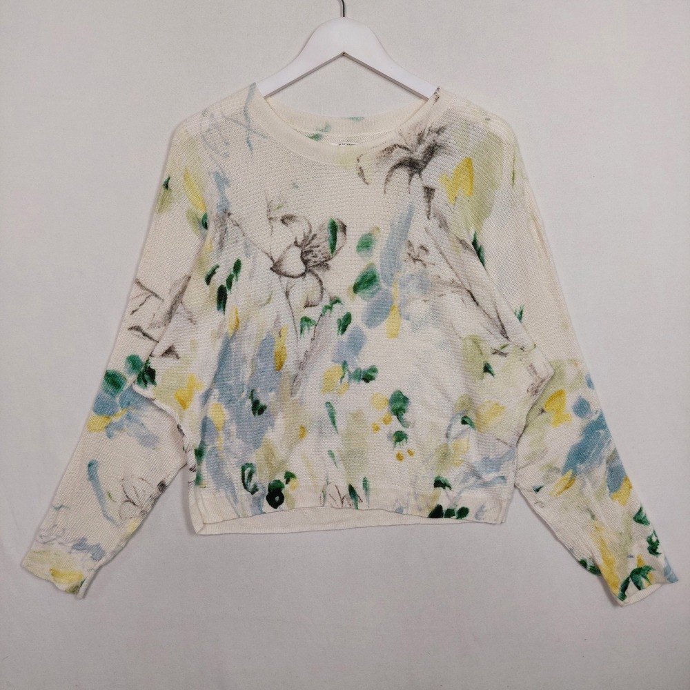 Anthropologie Watercolor Floral Dolman Sleeve Knit Sweater Cream Blue Yellow S